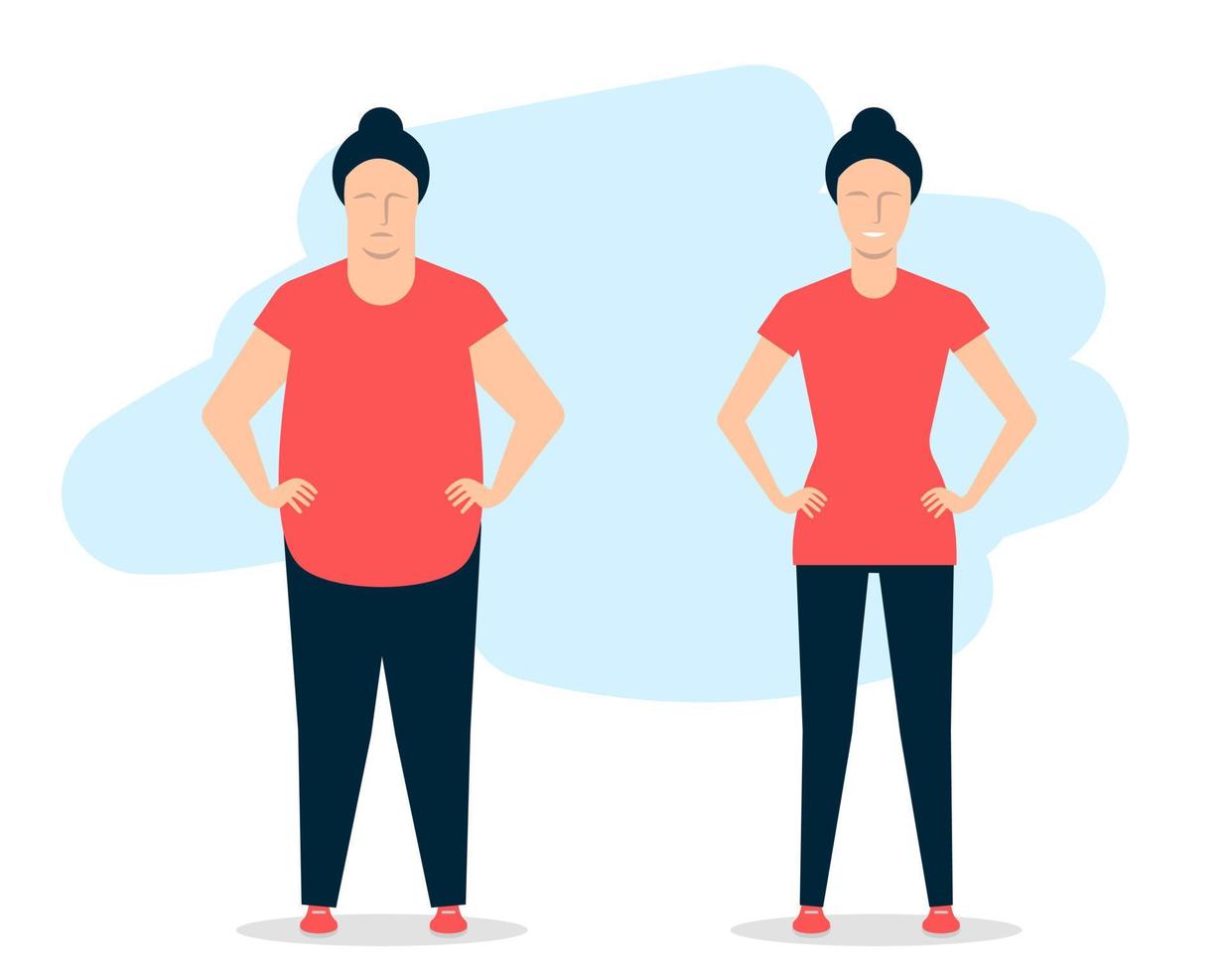 Young woman before and after fitness. A fat girl is able to lose weight. Vector illustration