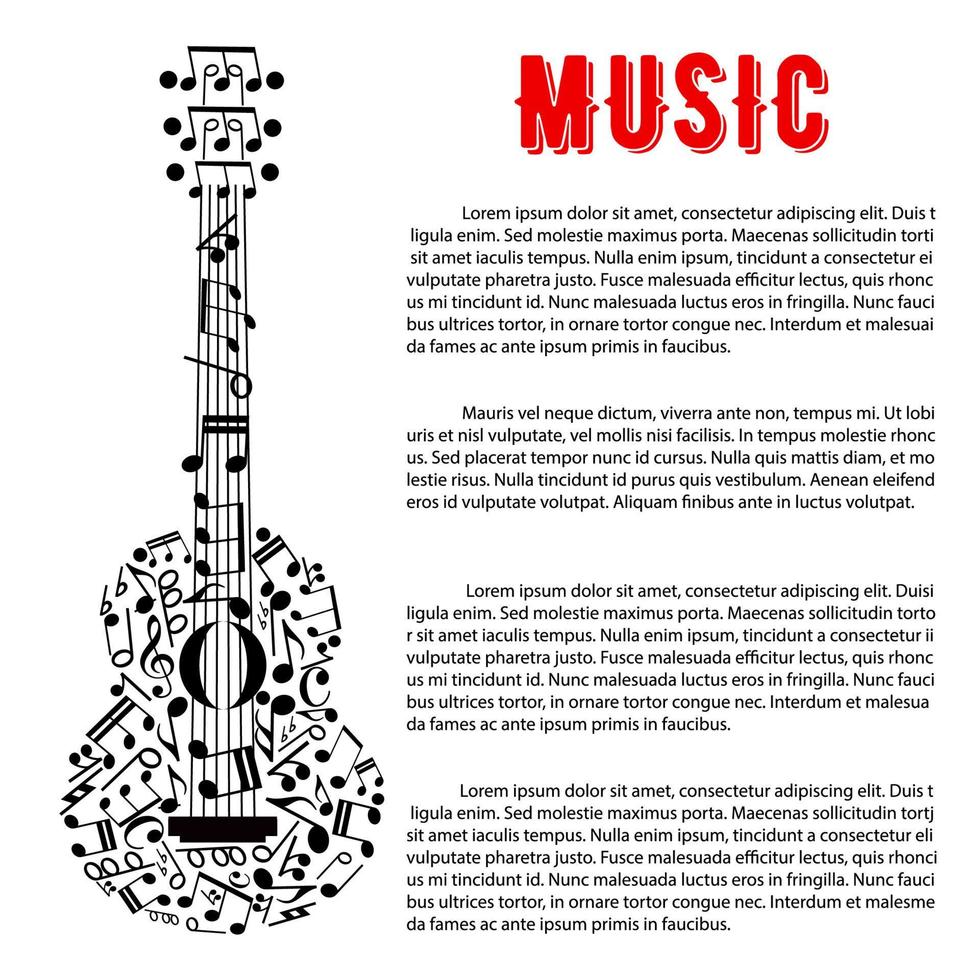 Musical concert poster design with guitar of notes vector