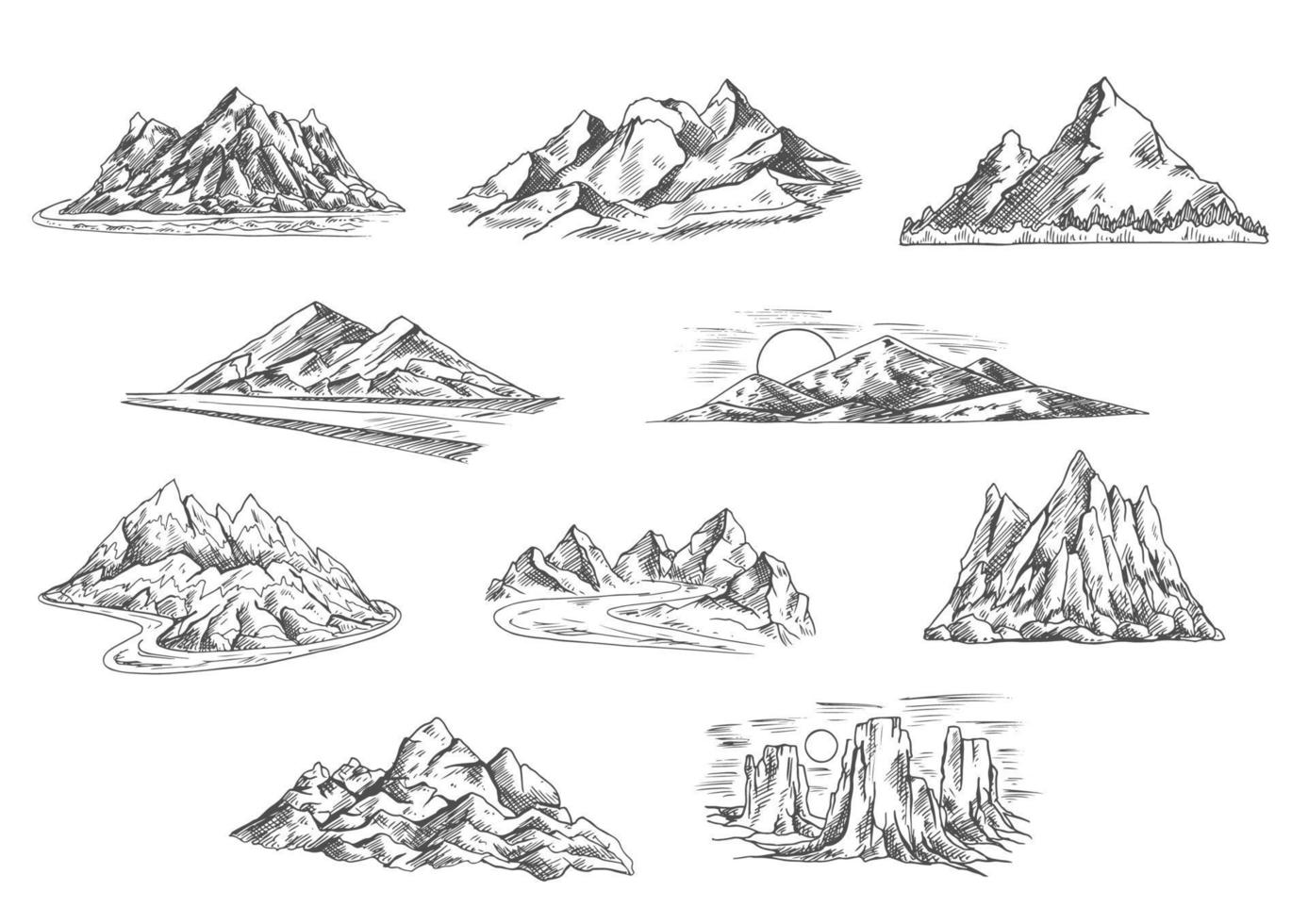 bocetos de paisajes de montaña para el diseño de la naturaleza vector