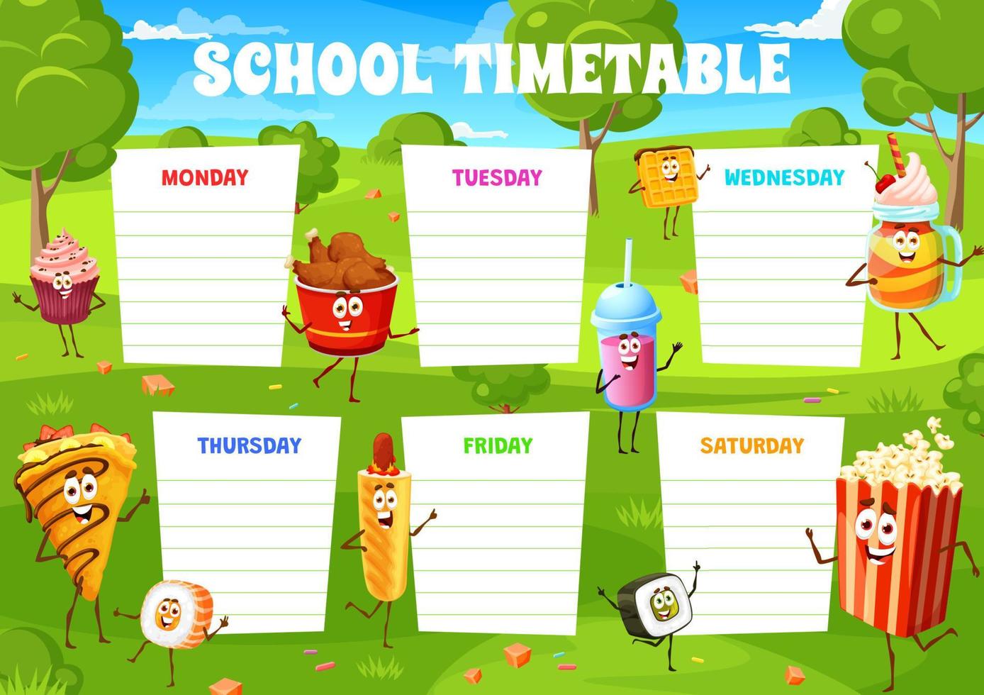 School timetable, cartoon fast food and desserts vector