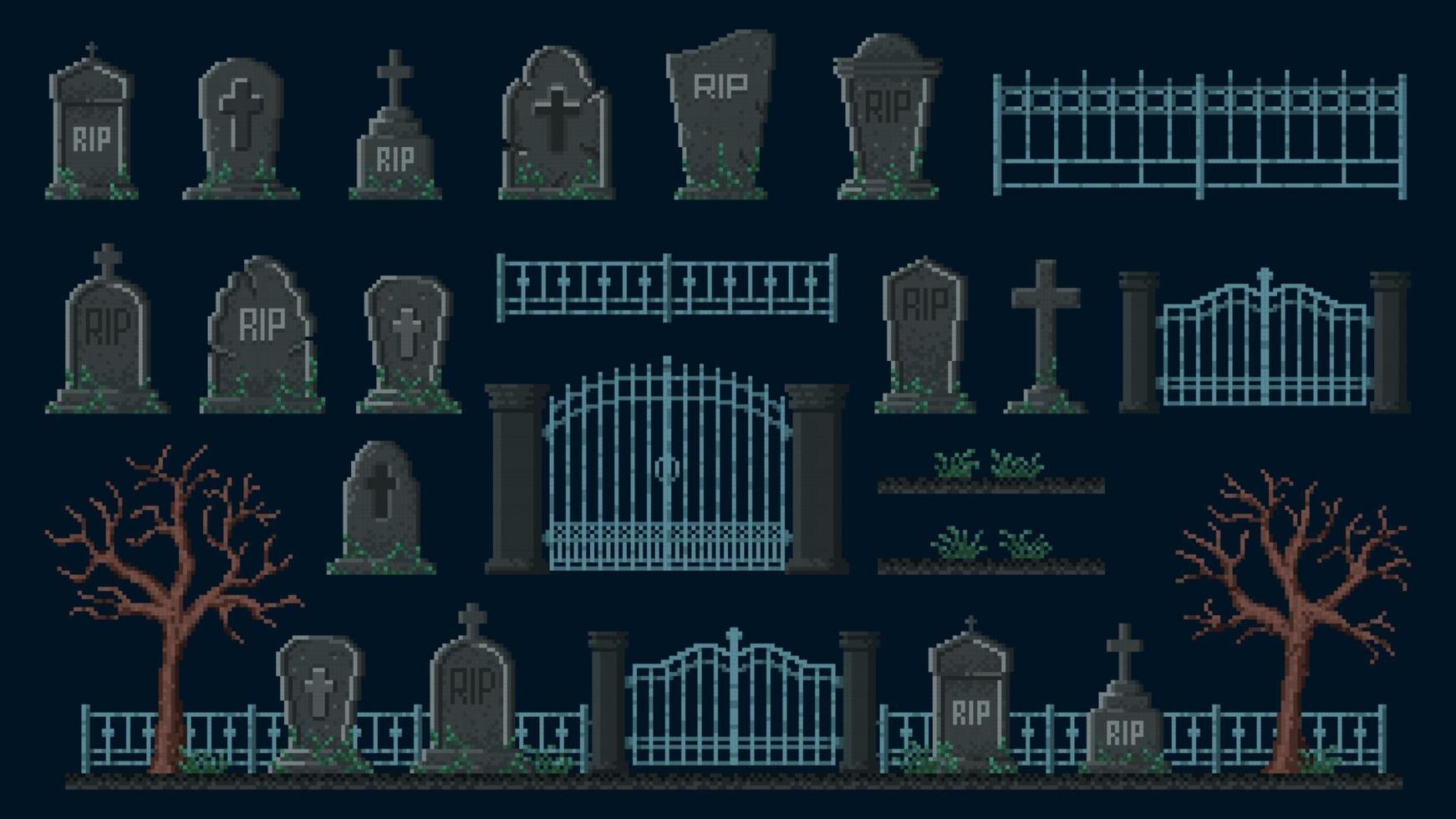 Cemetery 8 bit pixel game asset. Gravestone, fence vector