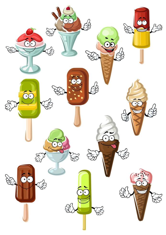 Cartoon ice cream characters for desserts design vector