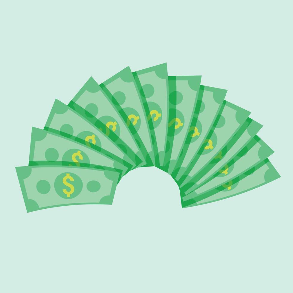 ilustración de vector plano de dinero en efectivo en dólares. ilustración de billetes de dólar. factura en papel verde. volar dinero de dibujos animados aislado sobre fondo azul. apto para finanzas y negocios