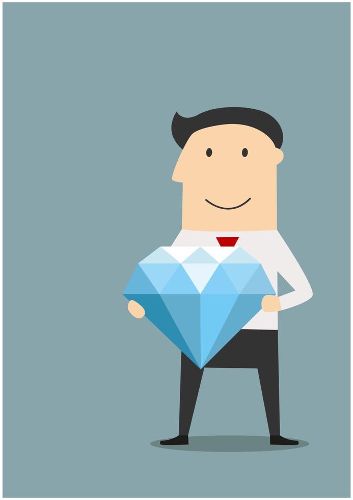 Happy businessman with large diamond in hands vector