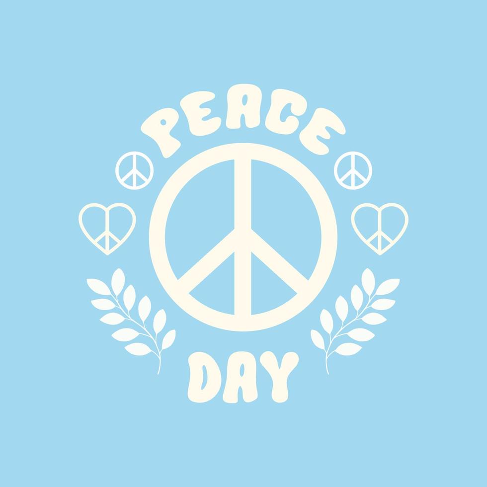 Vector illustration with white symbol peace, text and branches on a blue background. Festive concept in flat style. International Day of Peace