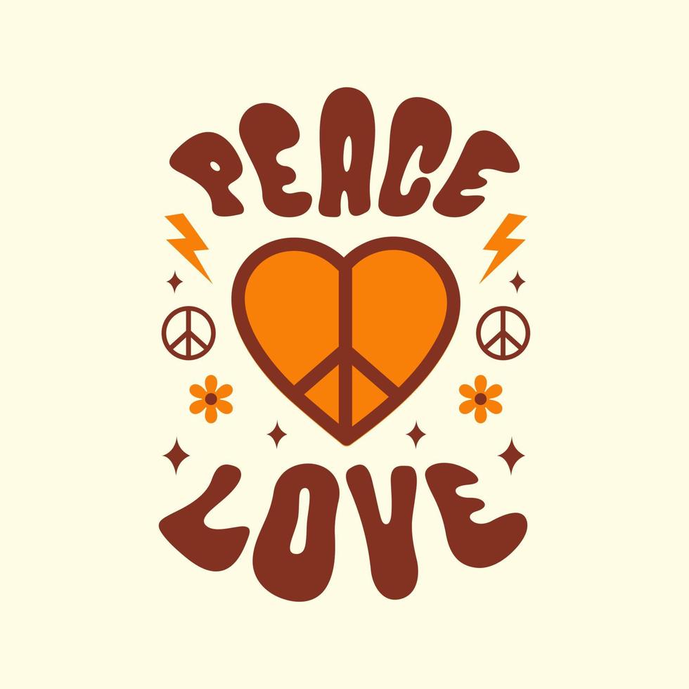 Peace Love vector illustration with heart and hippie elements. Retro vintage slogan in style 70s, 80s. Cute graphic print for t shirt, posters, card design.