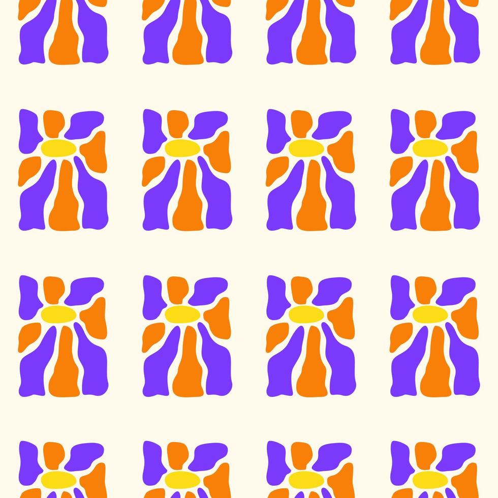 Abstract floral seamless pattern with groovy flowers. Simple vintage minimal art decor. Trendy cartoon vector illustration