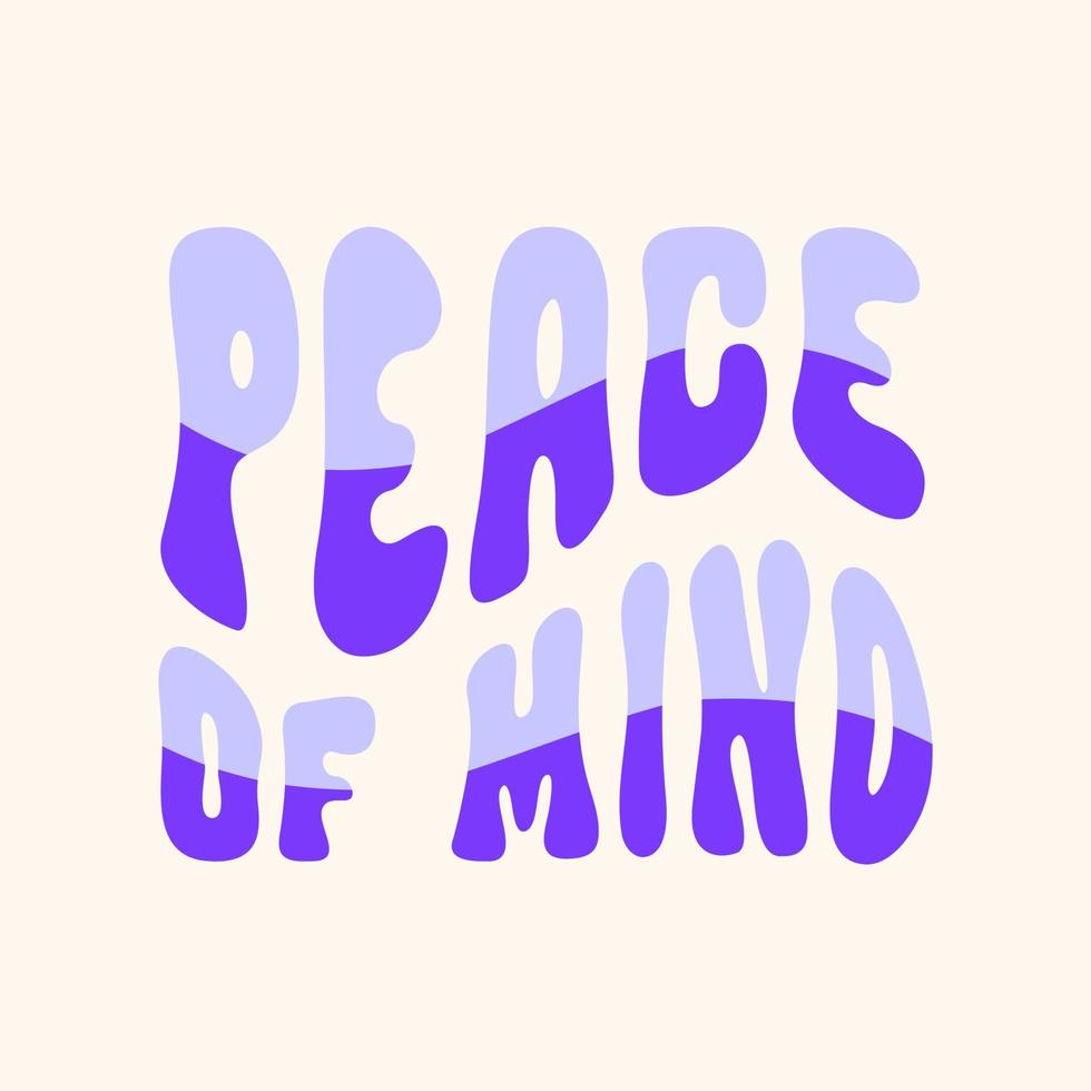 Peace of mind retro wavy slogan in blue colors. Simple monochrome minimal design print for t shirt, posters, cards. Vector illustration in style hippie 60s, 70s.