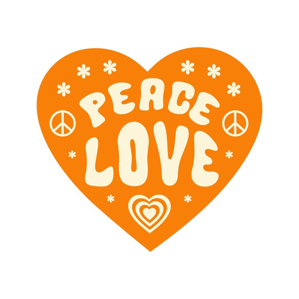 Retro Peace Love slogan with symbol peace, cute flowers in heart shape. Trendy groovy print design for posters, stickers, cards, t - shirts in style 60s, 70s. Vector illustration