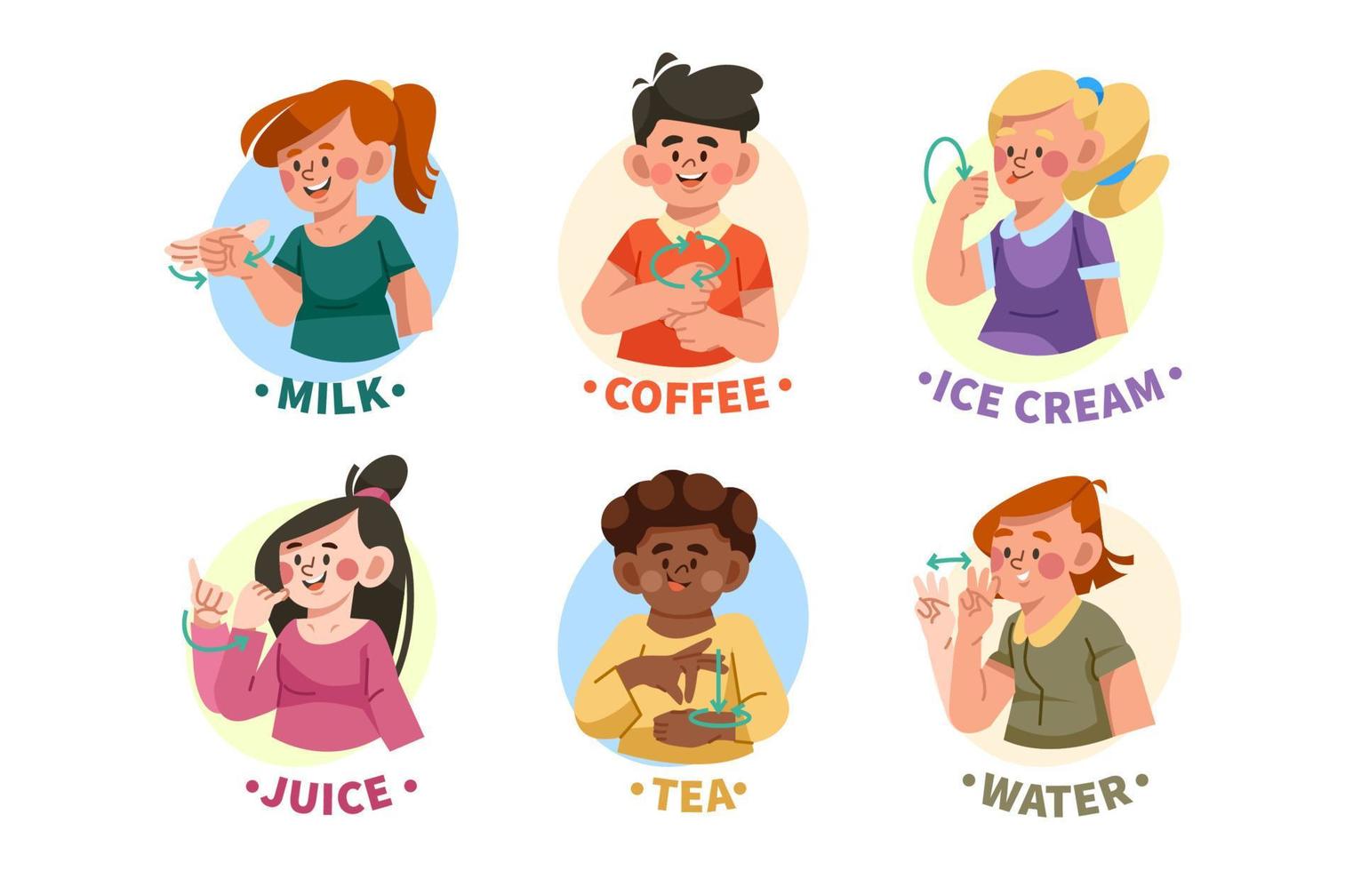 Collection of Characters Demonstrating ASL About Drinks vector