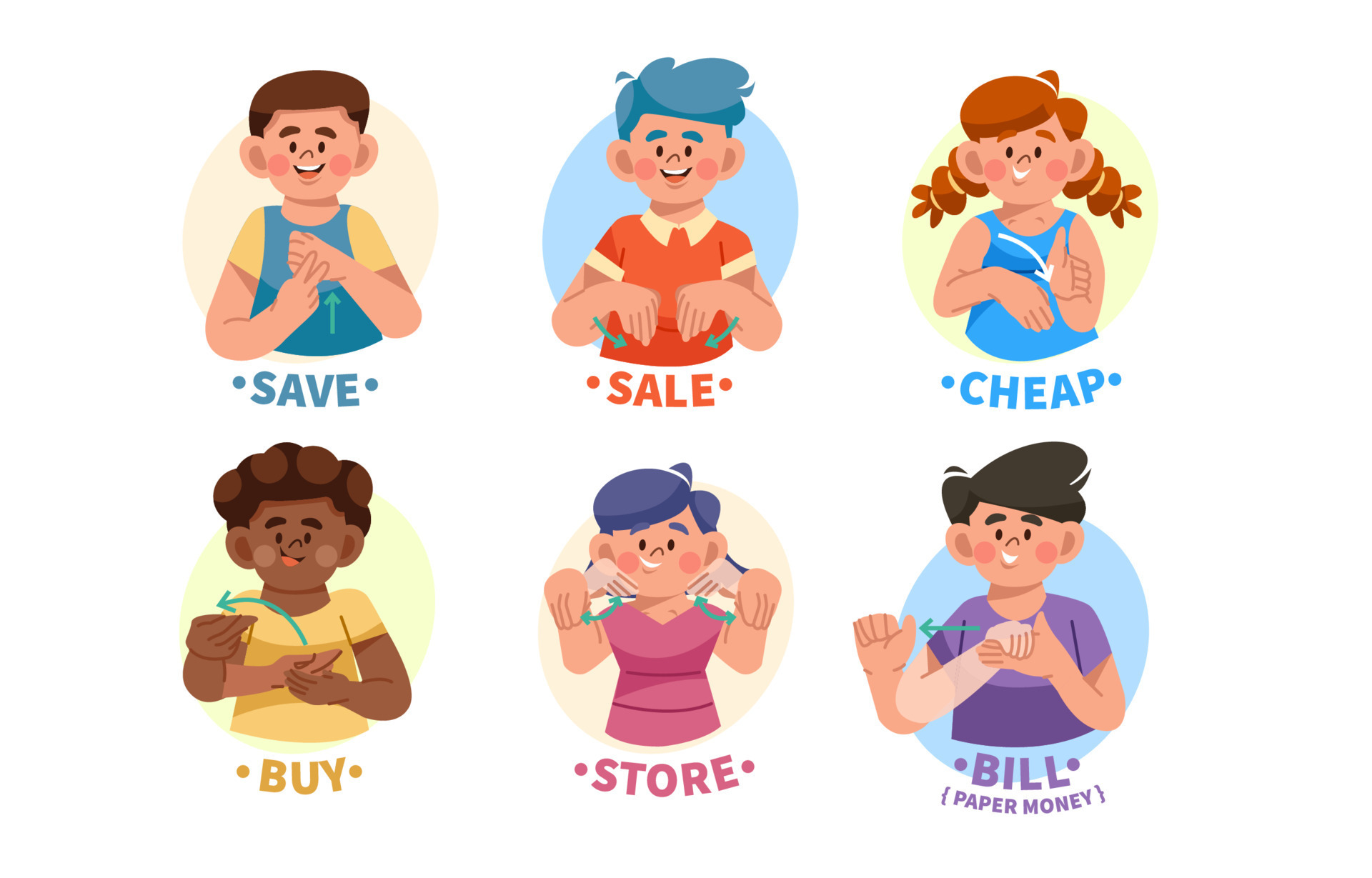 Collection of Characters Demonstrating ASL About Shopping Activity