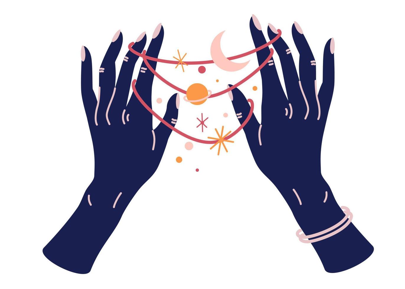 talismán celestial mágico con mano de mujer. alquimia esotérica mística mágica celestial talismán con mano de mujer. objeto de ocultismo espiritual. ilustraciones vectoriales dibujadas a mano aisladas vector