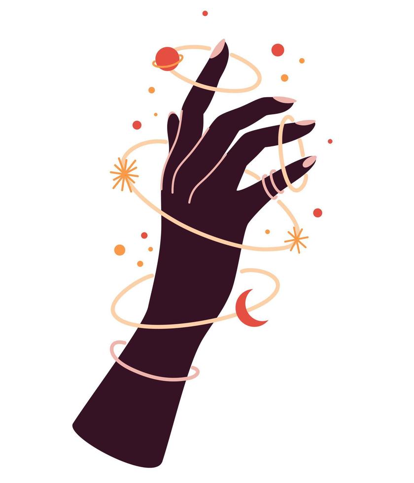 talismán celestial mágico con mano de mujer. alquimia esotérica mística mágica celestial talismán con mano de mujer. objeto de ocultismo espiritual. ilustración vectorial dibujada a mano vector