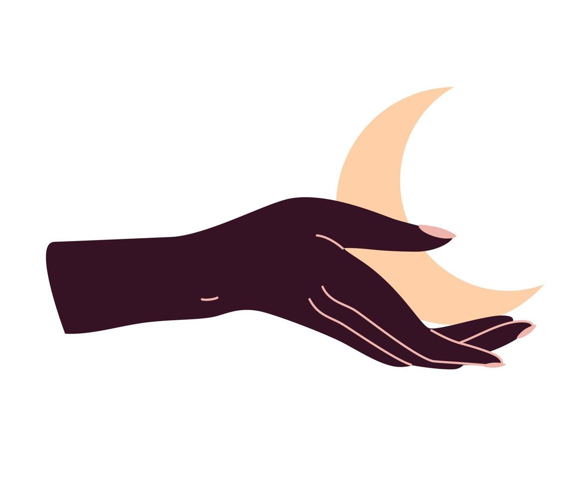 manos femeninas mágicas sosteniendo la luna. alquimia esotérica mística mágica talismán celestial con mano femenina. el objeto del ocultismo espiritual. ilustración vectorial aislada vector