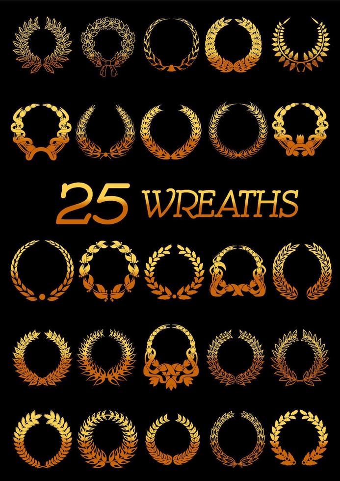 Golden wreaths with laurel, oak, flowers, wheat vector