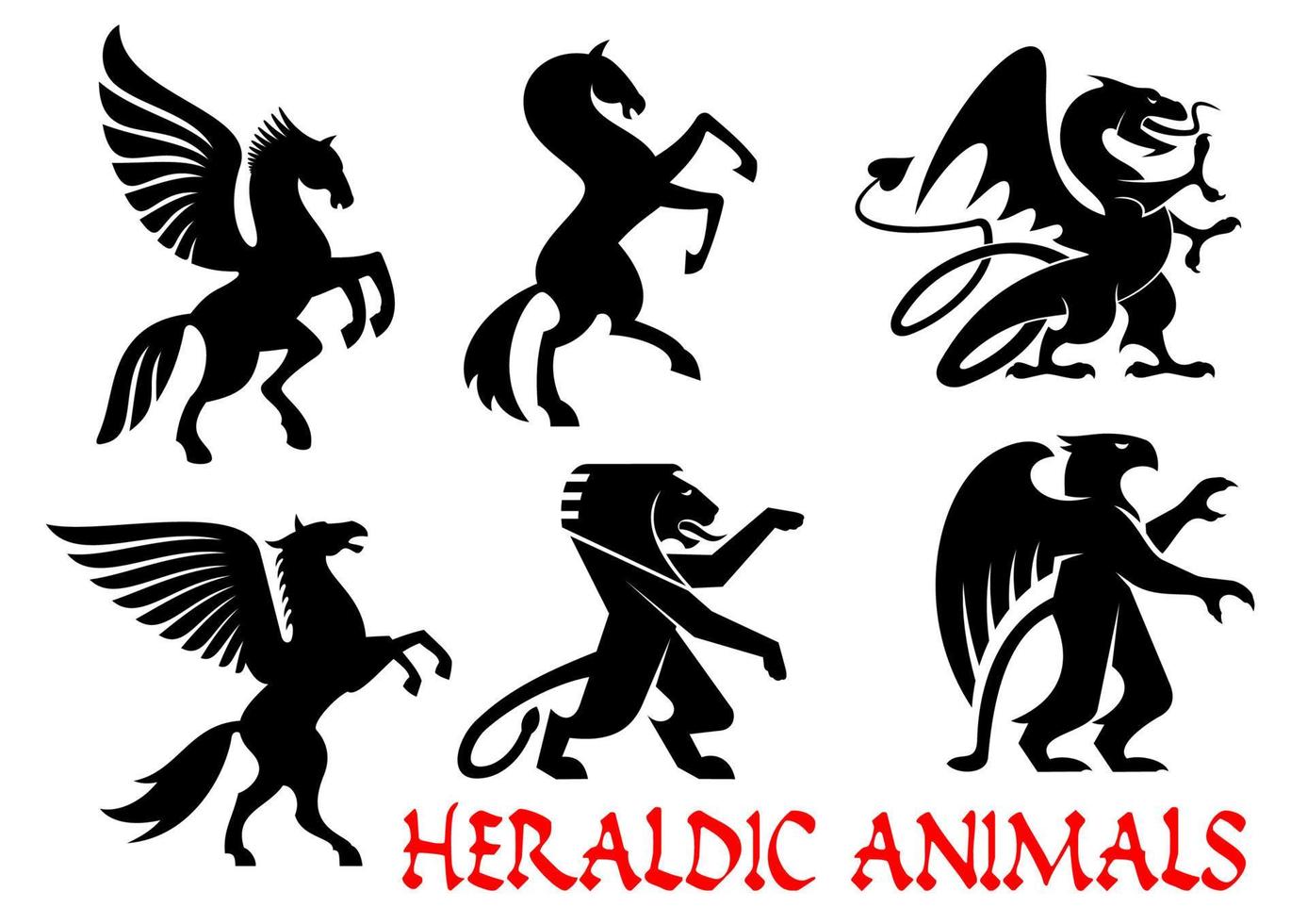 Heraldic mythical animals silhouette emblems vector