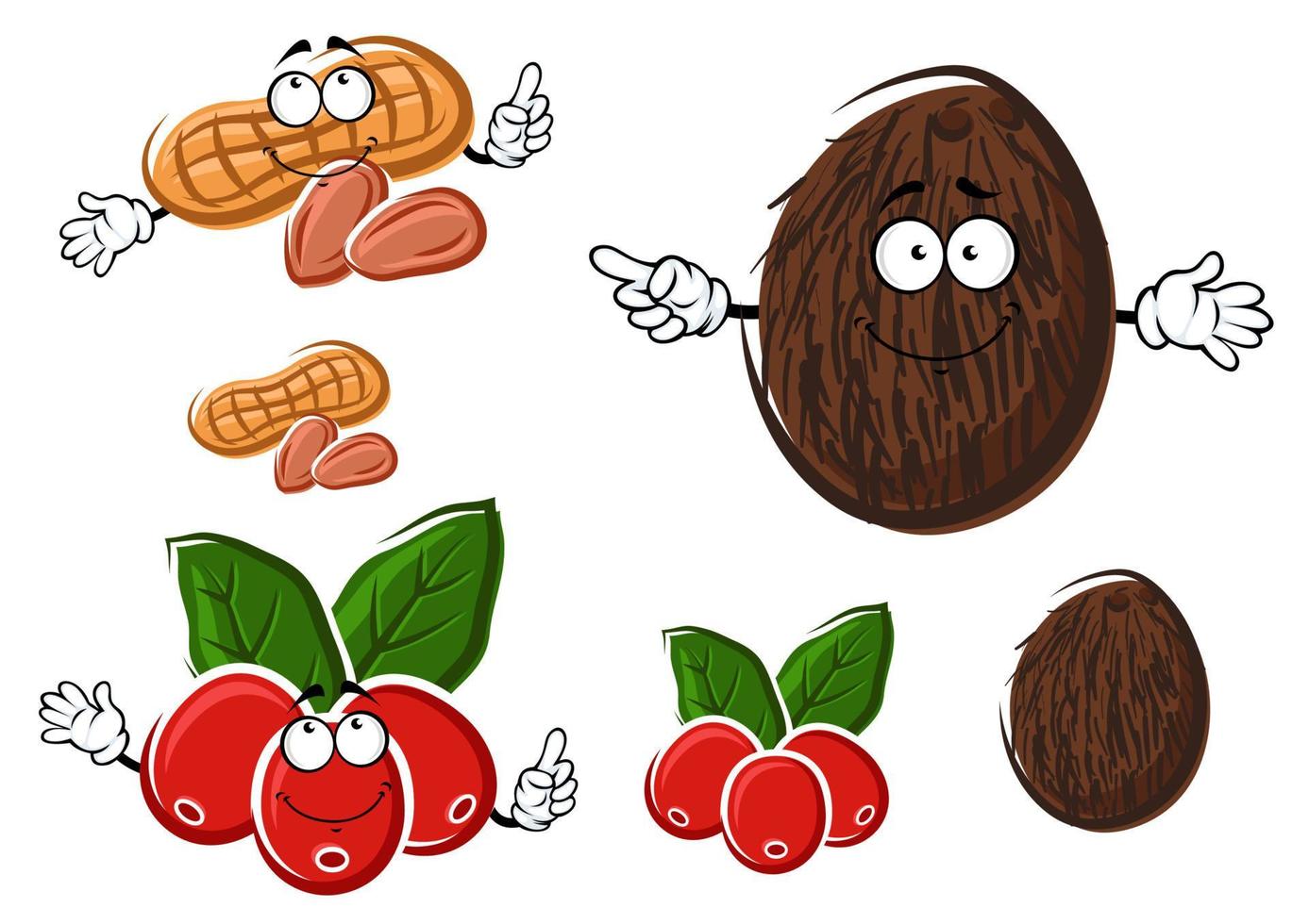 personajes de dibujos animados de café, coco y maní vector