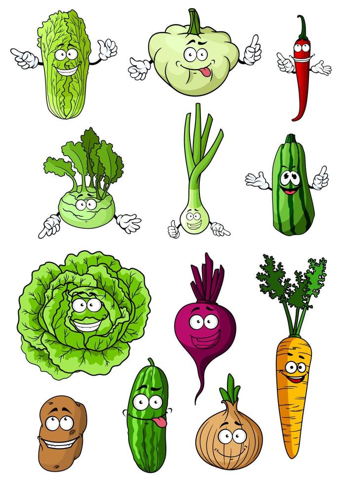 personajes de verduras frescas felices de dibujos animados vector