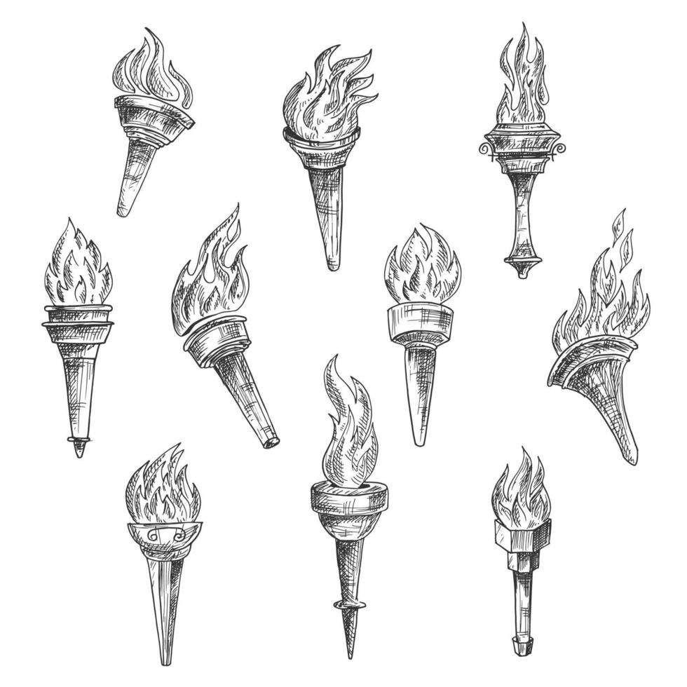 Burning torches in vintage sketch style vector