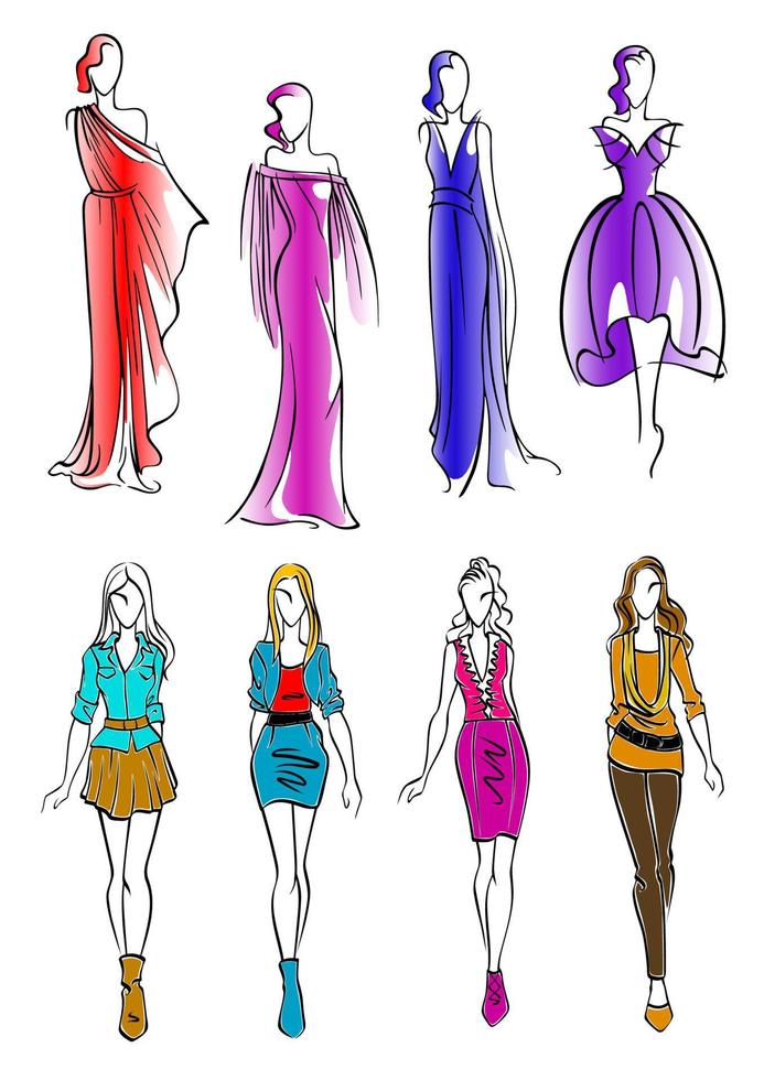 Colorful silhouettes of women in casual outfits vector