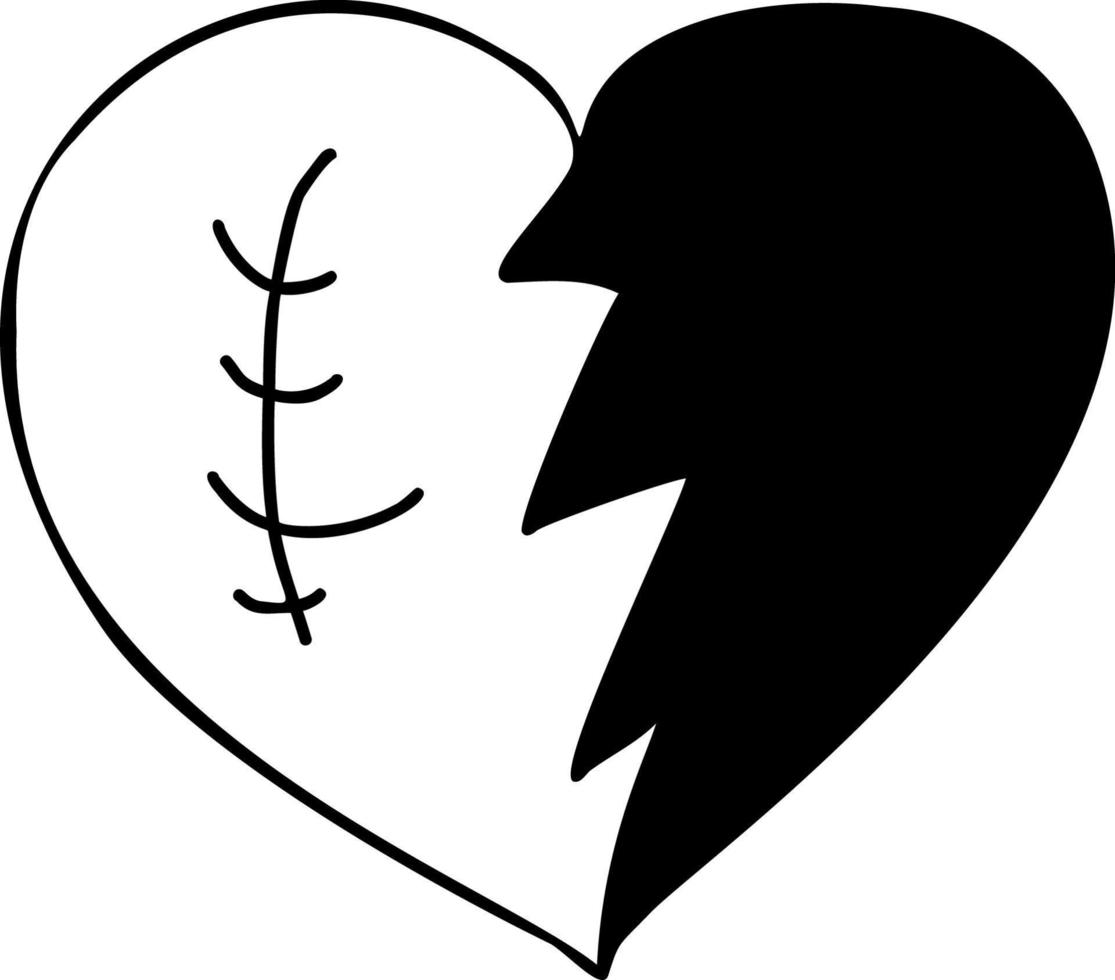 Wounded heart with seam and crack. Hand drawn doodle vector