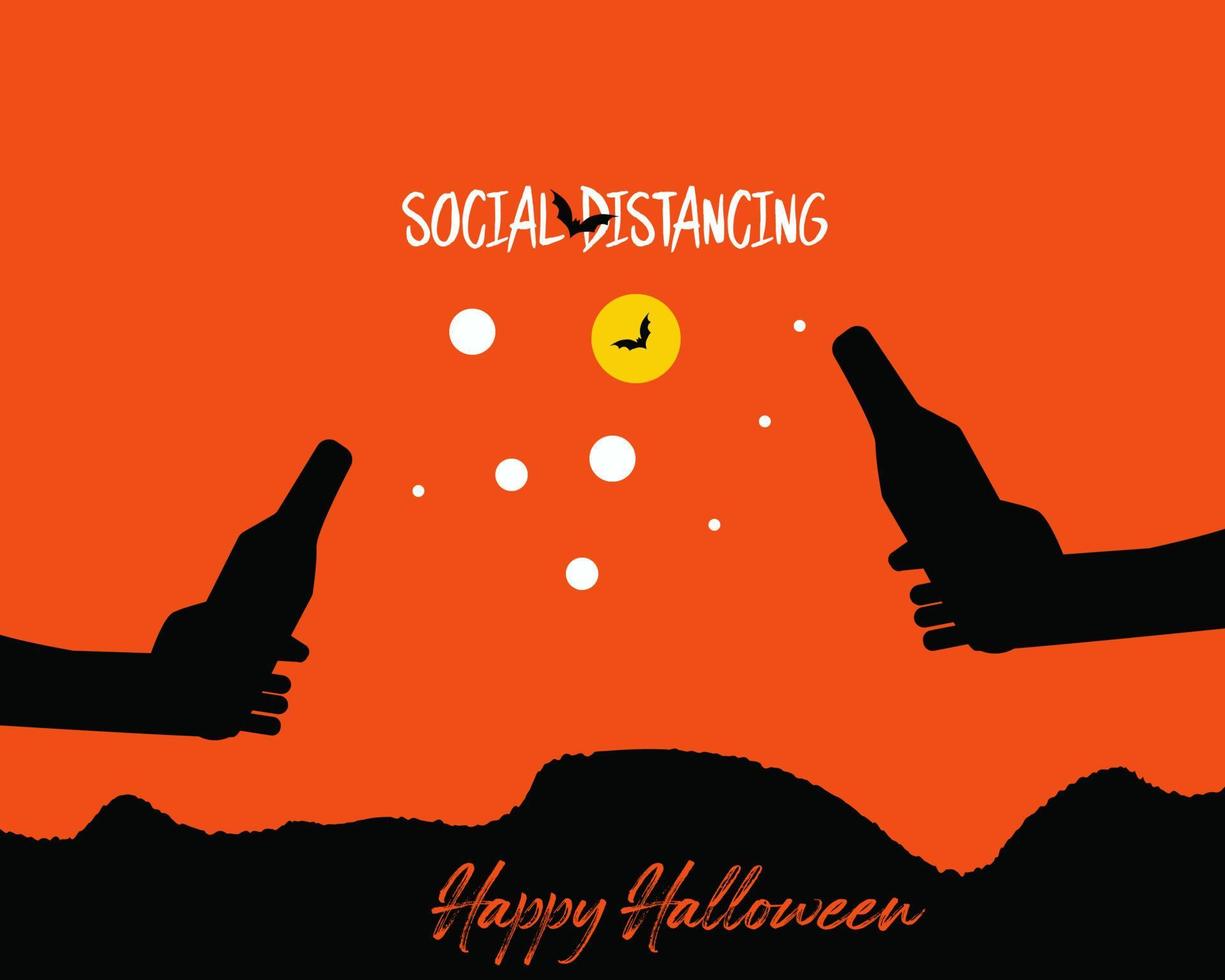 distanciamiento social con la crisis de covid-19 en el concepto del día de halloween de la fiesta. hay dos manos que sostienen una botella de cerveza para celebrar juntos. proteger el virus de la corona. estilo de vector de dibujos animados para su diseño.