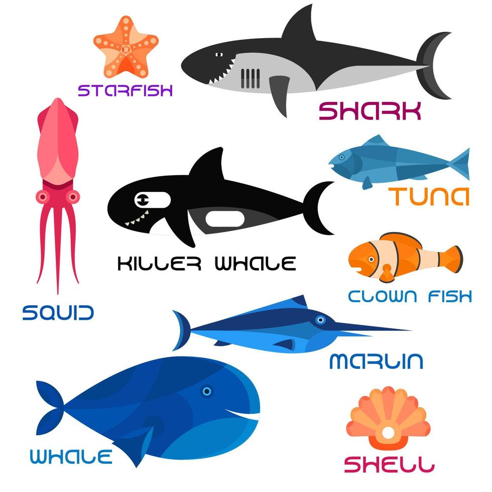 Cartoon marine animals in flat style vector