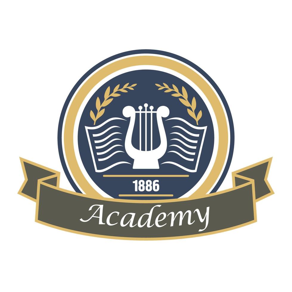 Music and arts academy badge with lyre and book vector