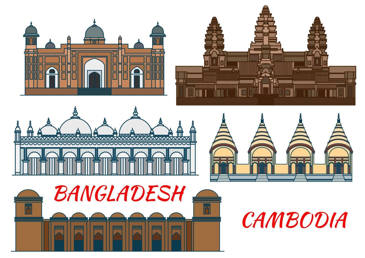 Temples, mosques of Cambodia and Bangladesh icon vector