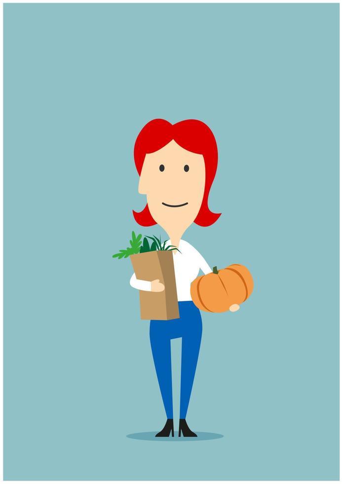 Woman with paper bag full of groceries vector