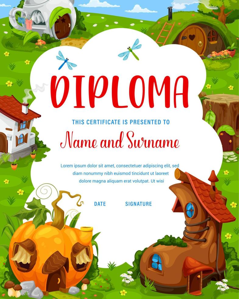 Kids diploma with fantasy pot and pumpkin, boot vector