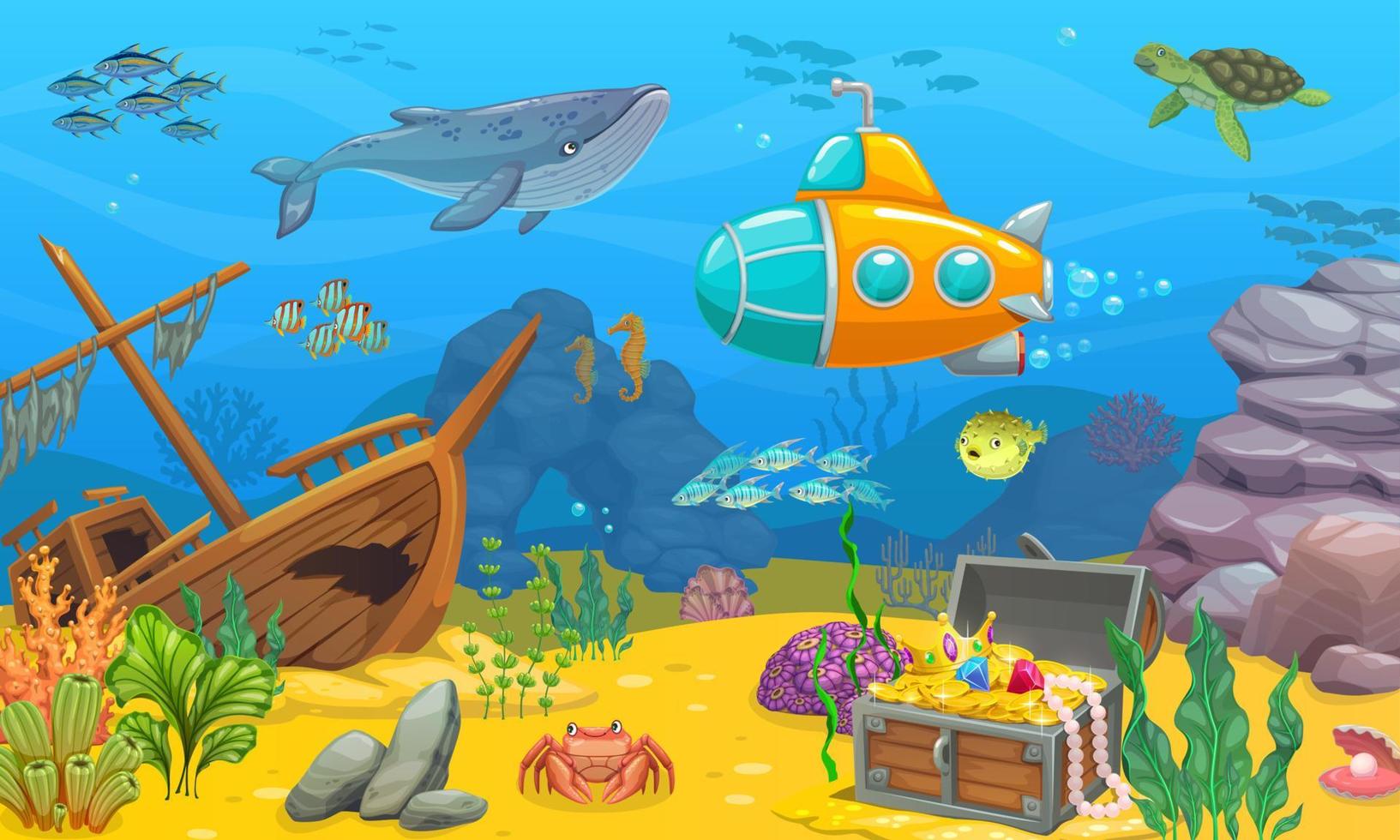 Underwater game level landscape with sunken ship vector