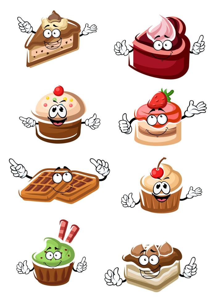Fruity desserts, cakes, cupcakes and waffles vector