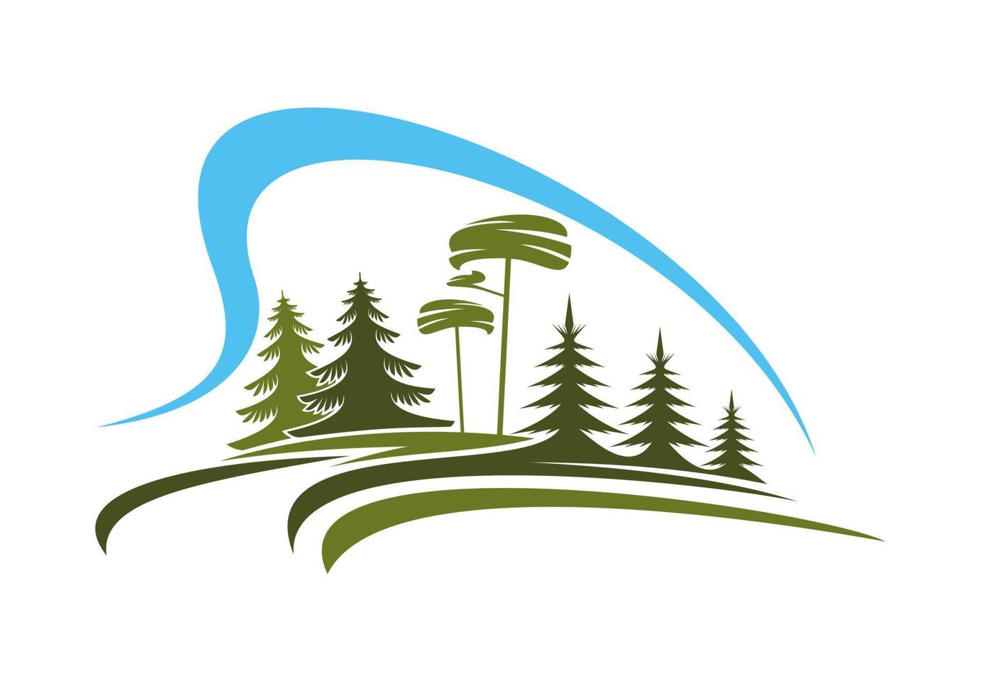 emblema del bosque con claro, árboles y cielo vector