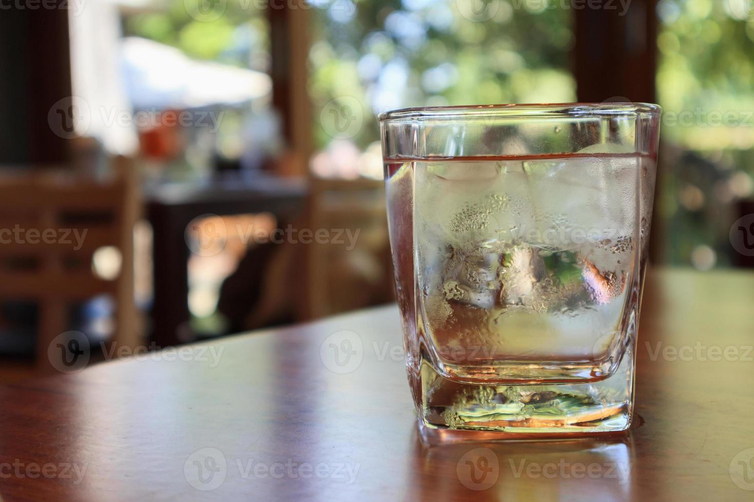 glass of water on wood table in restaurant photo