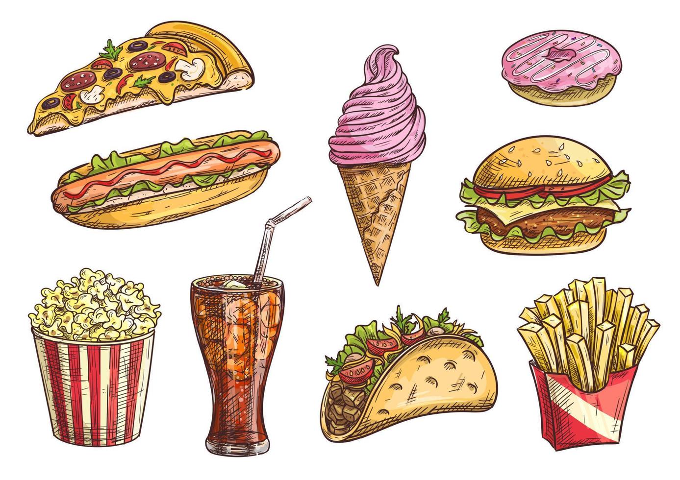 Fast food sketch isolated icons vector