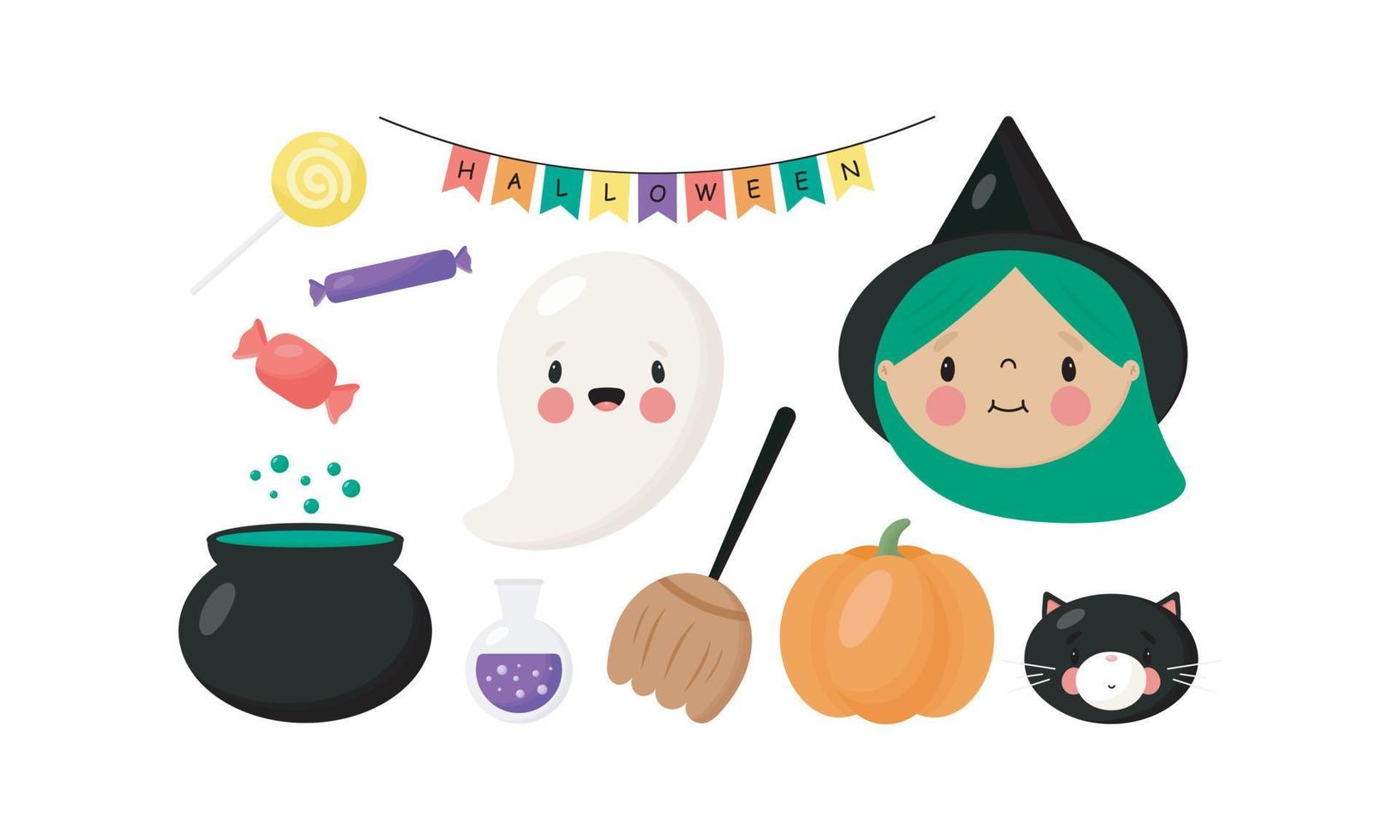 Halloween set in cartoon style. Vector illustration on a white background. For card, posters, stickers, banners, printing on the pack, printing on clothes, fabric, wallpaper.