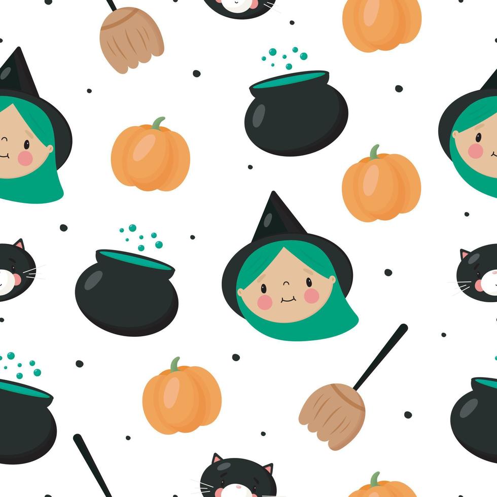 Cartoon Halloween seamless pattern. Vector illustration. For card, posters, banners, printing on the pack, printing on clothes, fabric, wallpaper.