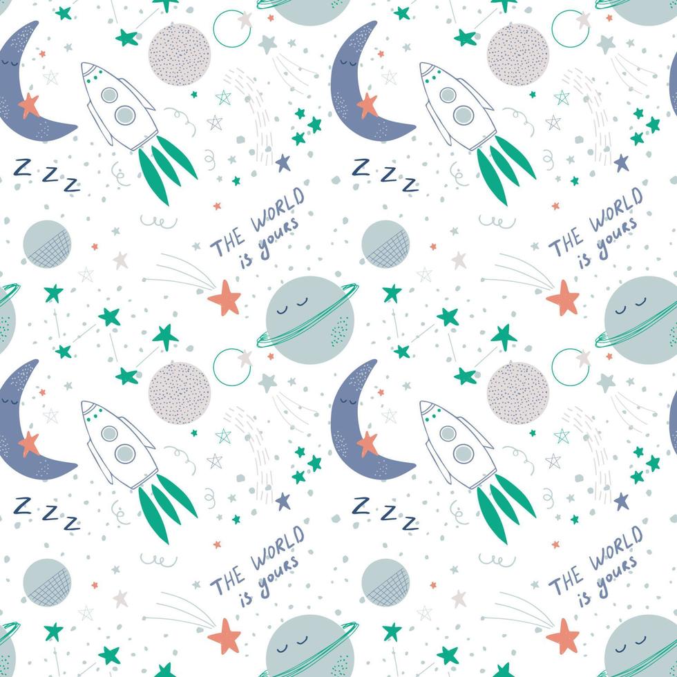 Cute baby space vector seamless pattern with stars, rockets and planets. Vector illustration in simple hand drawn Scandinavian style. Good for decorating nursery, baby clothes, baby shower decor.
