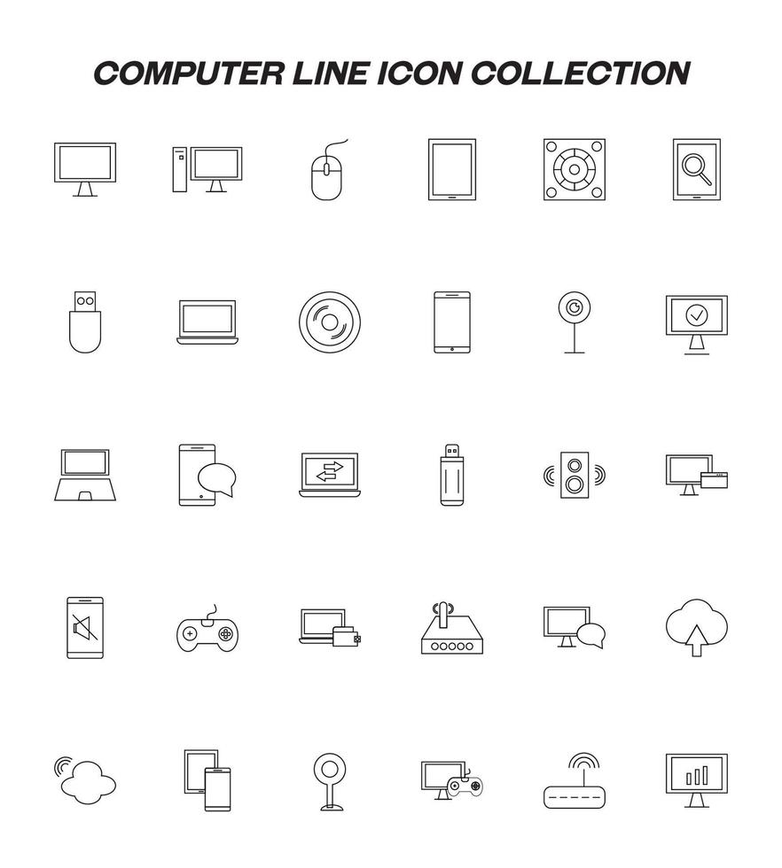 concepto de tecnología informática. conjunto de iconos de línea que incluye computadora, computadora portátil, computadora, mouse, enrutador, tableta, altavoz, tarjeta flash, cd, cámara web, teléfono móvil, joystick, etc. vector