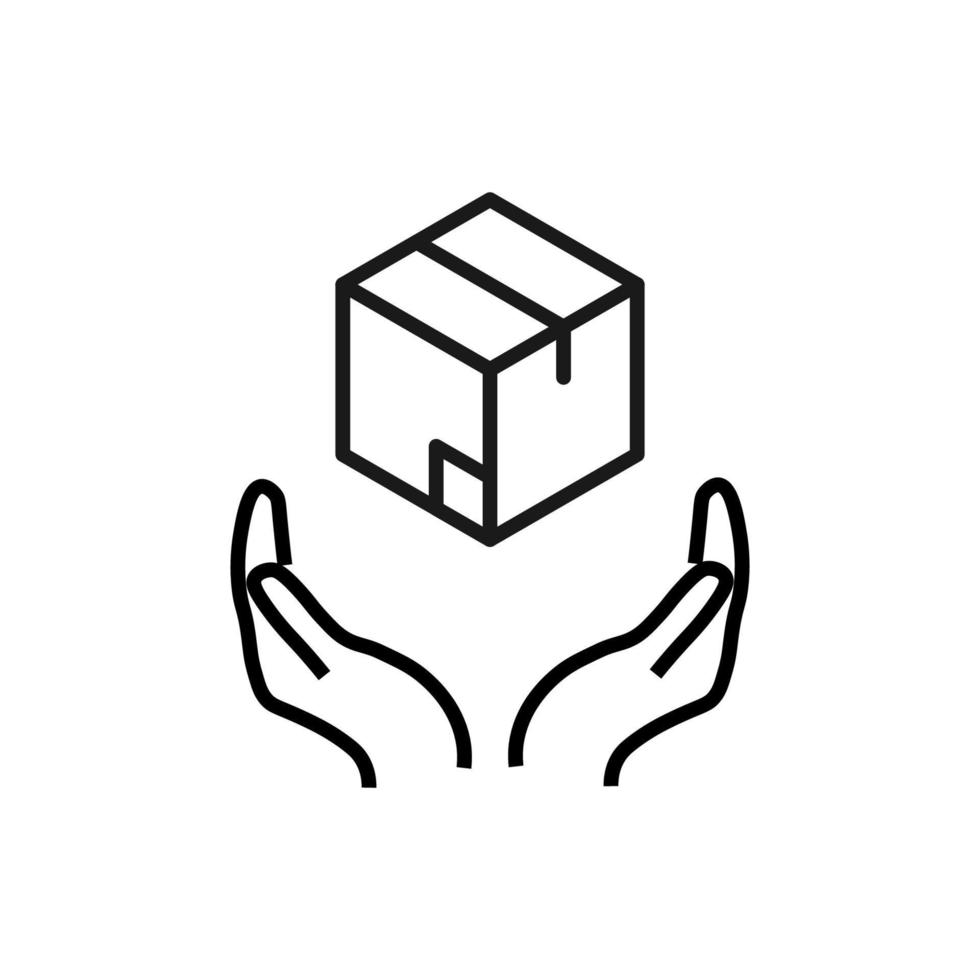 Support, present and charity concept. Modern vector sign drawn with black thin line. Editable stroke. Vector line icon of box over outstretched hands