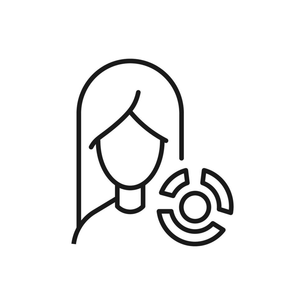 Profession, occupation, hobby of woman. Outline sign drawn with black thin line. Editable stroke. Vector monochrome line icon of pie chart by female