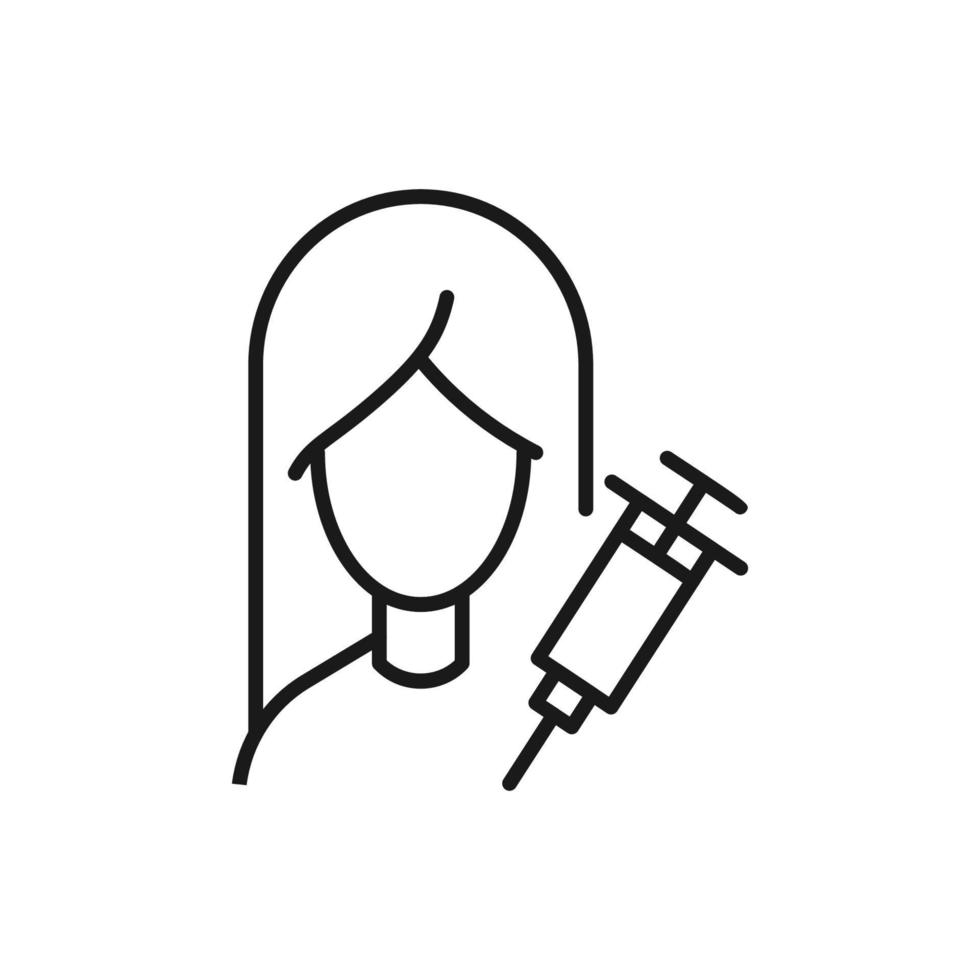 Profession, occupation, hobby of woman. Outline sign drawn with black thin line. Editable stroke. Vector monochrome line icon of medical syringe by female