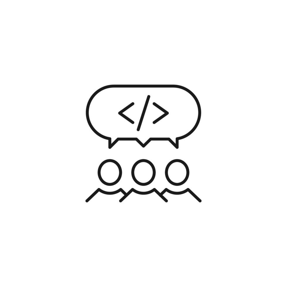 People, staff, speech bubble concept. Vector line icon for web sites, stores, online courses etc. Sign of program code inside of speech bubble over group of people