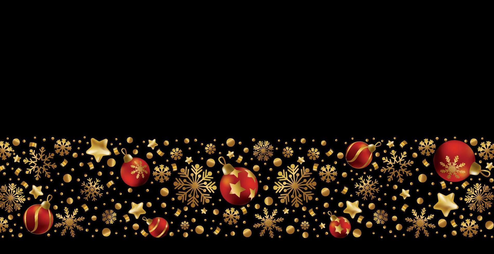 Happy New Year and Merry Christmas greeting card, holiday banner, web poster. Dark background with shining golden snowflakes and red Christmas balls - Vector