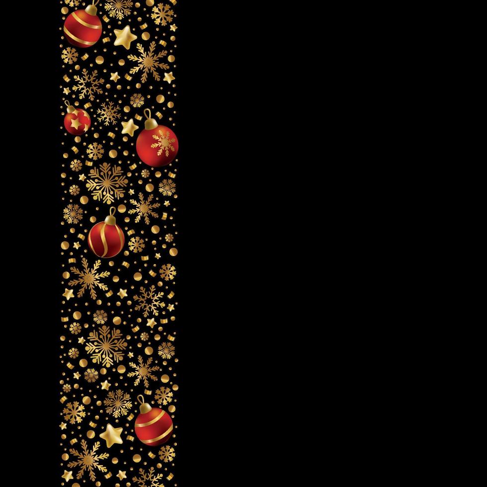 feliz año nuevo y feliz navidad tarjeta de felicitación, banner de vacaciones, cartel web. Fondo oscuro con brillantes copos de nieve dorados y bolas rojas de Navidad - vector