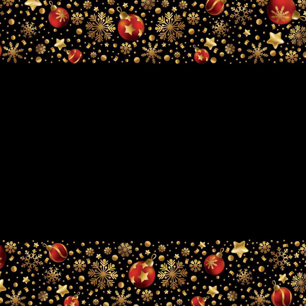 Happy New Year and Merry Christmas greeting card, holiday banner, web poster. Dark background with shining golden snowflakes and red Christmas balls - Vector