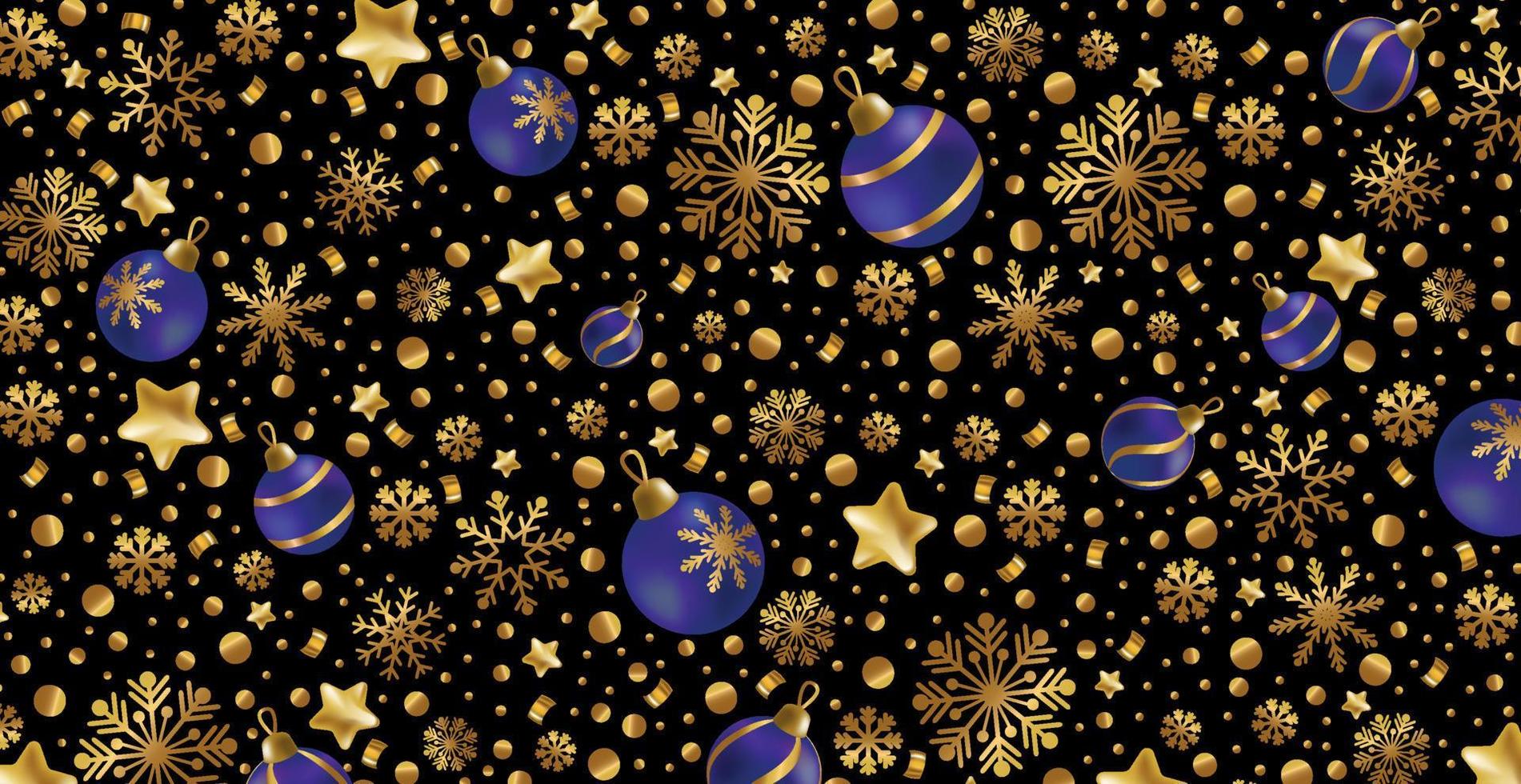 feliz año nuevo y feliz navidad tarjeta de felicitación, banner de vacaciones, cartel web. Fondo oscuro con brillantes copos de nieve dorados y bolas de navidad azules - vector