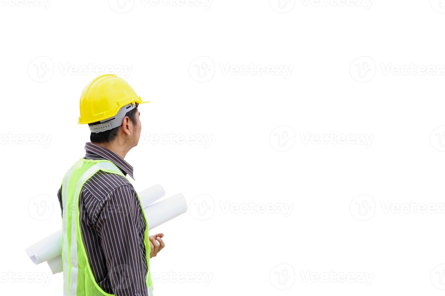 engineer worker with blueprint and safety helmet isolated on white background photo