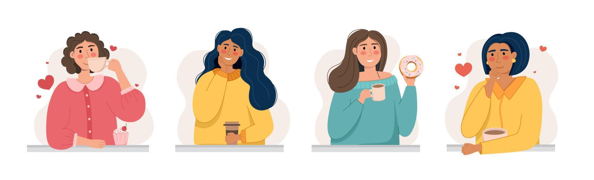un grupo de chicas con una taza de café es un concepto de cafetería y amantes del café. ilustración vectorial en un estilo plano vector